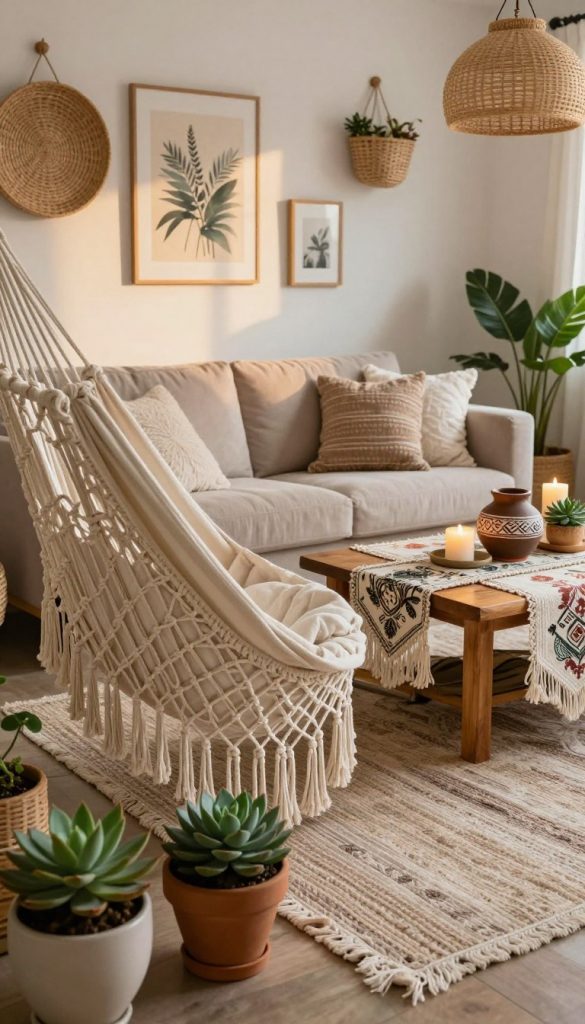 A cozy boho-inspired living room featuring a stylish finale of boho decor elements. In the foreground, a plush macramé hammock draped with soft cushions, surrounded by potted succulents and textured rugs. The middle scene showcases a wooden coffee table adorned with artisanal pottery, candles, and a vintage-inspired table runner. In the background, warm-toned wall art and hanging woven baskets create an inviting atmosphere. The lighting is soft and natural, mimicking golden hour, enhancing the warm color palette of greens, browns, and whites. The overall vibe is authentic and inspiring, perfect for a luxurious yet budget-friendly home aesthetic, embodying the essence of KlickKiste decor style.