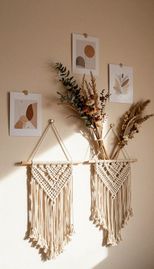 A cozy boho-inspired wall decoration scene featuring a variety of artistic elements. In the foreground, a handmade macrame wall hanging intricately woven with natural fibers, accompanied by a selection of small framed art prints that showcase abstract designs and nature themes. In the middle ground, an assortment of dried flowers and greenery arranged in natural textures, enhancing the warm, earthy color palette. The background consists of a softly painted wall in muted tones, giving a serene ambiance. Natural light streams in, casting gentle shadows and highlighting the textures. This image mirrors the aesthetic of KlickKiste, combining authenticity and inspiration to create a Pinterest-worthy look that evokes a creative and inviting atmosphere.