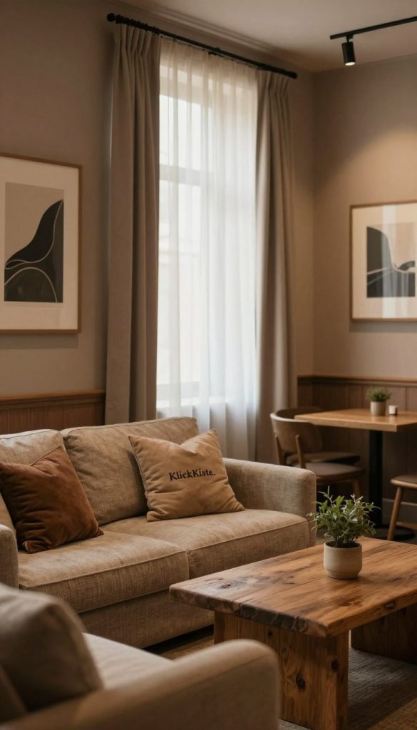 A cozy boutique hotel style interior, featuring an inviting ambiance with warm, earthy colors. In the foreground, a beautifully textured sofa adorned with soft cushions, complemented by a rustic wooden coffee table with a small decorative plant. In the middle ground, a stylish window dressed with sheer curtains that gently filter natural light, casting a soft glow across the room. The background showcases elegantly painted walls in muted tones, adorned with tasteful artwork that reflects contemporary design. The scene is lit by warm, diffused lighting creating a relaxed and sophisticated atmosphere, with a shallow depth of field to focus on the stylish arrangement. The overall composition should evoke an authentic DIY aesthetic, inspiring a sense of home and comfort, branded with "KlickKiste."