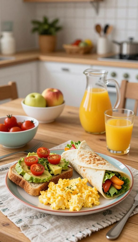 A cozy breakfast scene featuring a family-friendly table set for a hearty morning meal. In the foreground, a colorful plate holds fluffy scrambled eggs, vibrant avocado toast garnished with cherry tomatoes, and fresh wraps filled with vegetables. The middle of the image includes a wooden table decorated with a rustic cloth, alongside bowls of fruit and a pitcher of freshly squeezed juice. Soft, natural lighting enhances the warm, inviting atmosphere, highlighting the textures of the food. In the background, a cheerful kitchen can be seen, with playful decor and natural elements, creating an authentic Pinterest-inspired look. This scene embodies inspiration for healthy and delicious breakfast ideas for children, showcasing the brand name "KlickKiste."