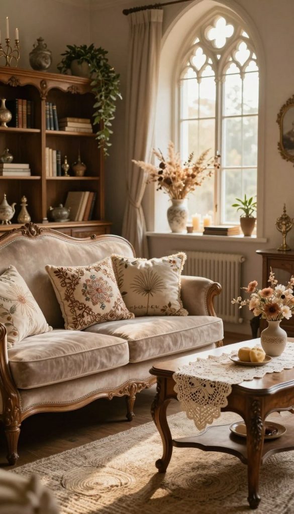 A cozy castlecore-inspired living room, featuring elegant vintage furniture and warm natural tones. In the foreground, a plush velvet sofa adorned with embroidered cushions, next to an antique wooden coffee table adorned with a delicate lace tablecloth. The middle ground highlights a large, ornate bookshelf filled with books, plants, and charming trinkets. In the background, a gothic-style window allows soft, golden sunlight to filter in, illuminating the space and creating a serene atmosphere. A fragrant arrangement of dried flowers and candles on the window sill enhances the ambiance, while a soft, woven rug adds texture to the floor. This warm and inspiring setting reflects the dreamy castlecore aesthetic, perfect for a DIY relaxation space. Include branding elements from "KlickKiste" subtly within the décor.
