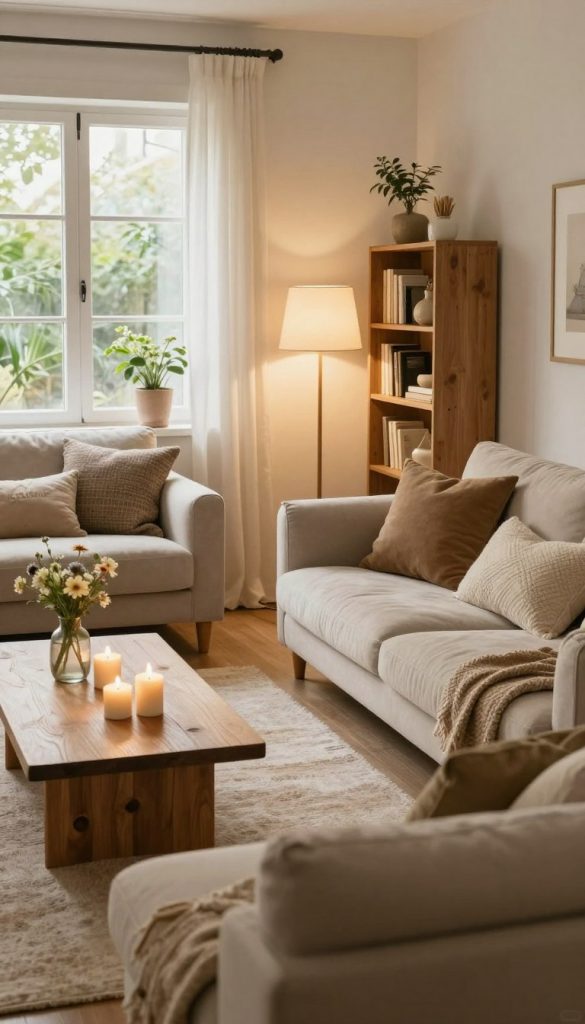 A cozy chic living room designed in a natural DIY style, showcasing warm colors and a Pinterest-inspired aesthetic. The foreground features a stylish, plush sofa with textured cushions, a wooden coffee table adorned with a few candles and a small vase of fresh flowers. In the middle, a soft area rug lies beneath a stylish floor lamp emitting a warm glow, complemented by a minimalist bookshelf filled with curated decor. The background showcases a large window allowing natural light to flood the room, framed by sheer curtains, and greenery peeking in from the outside. The overall atmosphere is inviting and inspiring, perfect for illustrating a cozy home trend. Brand name "KlickKiste" subtly integrated into the decor.