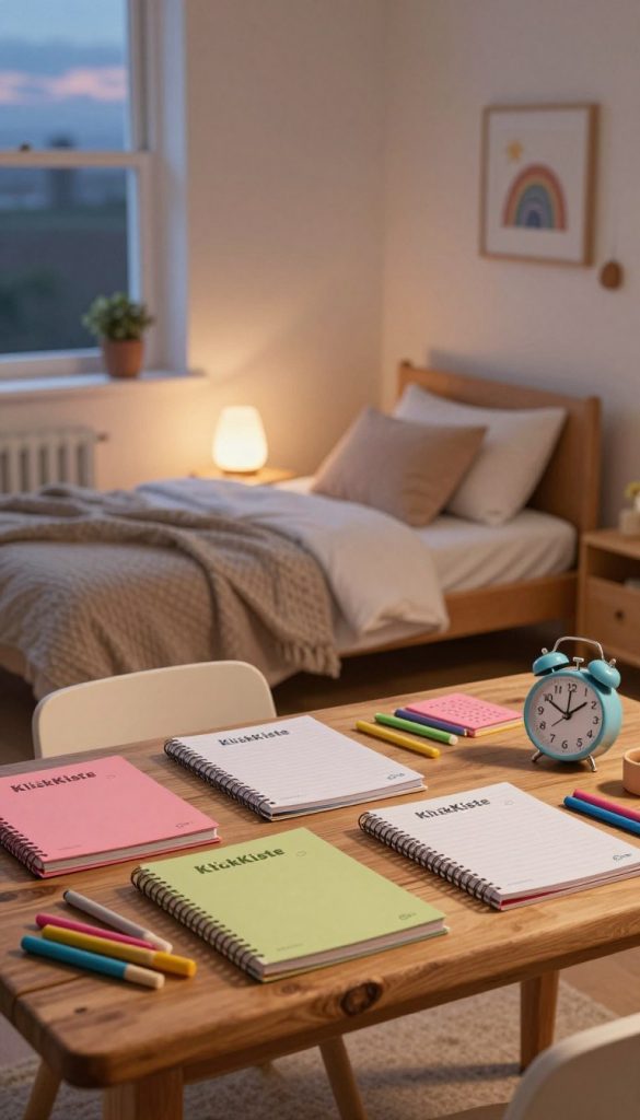 A cozy, child-friendly evening setting for preparing for the next day, designed for an article on children's bedtime routines. In the foreground, a rustic wooden table is neatly arranged with vibrant, colorful stationery, including planners, markers, and a small clock showing the evening hour. In the middle, a playful atmosphere is created with a soft, inviting bed adorned with blankets and pillows, and a gentle night light casting a warm glow. The background features a serene, softly lit room with a window showing a twilight sky and gentle wisps of clouds. The overall mood is relaxed and inspiring, evoking a sense of calm anticipation for the next day. Incorporate natural DIY elements and warm colors typical of a Pinterest aesthetic. Brand: KlickKiste. A cozy, child-friendly evening setting for preparing for the next day, designed for an article on children's bedtime routines. In the foreground, a rustic wooden table is neatly arranged with vibrant, colorful stationery, including planners, markers, and a small clock showing the evening hour. In the middle, a playful atmosphere is created with a soft, inviting bed adorned with blankets and pillows, and a gentle night light casting a warm glow. The background features a serene, softly lit room with a window showing a twilight sky and gentle wisps of clouds. The overall mood is relaxed and inspiring, evoking a sense of calm anticipation for the next day. Incorporate natural DIY elements and warm colors typical of a Pinterest aesthetic. Brand: KlickKiste.
