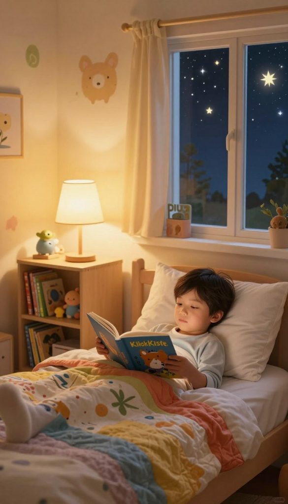 A cozy children's bedroom during bedtime, warmly lit with soft yellow hues emanating from a bedside lamp. In the foreground, a child peacefully tucked in bed with a colorful quilt, reading a storybook, their face reflecting calmness and curiosity. Adjacent to the bed, a small bookshelf filled with picture books and toys, suggesting a sense of comfort and familiarity. In the middle ground, a window revealing the night sky filled with twinkling stars, hinting at the peacefulness of nighttime routines. Background features soft-painted walls with playful animal motifs, creating an inviting atmosphere. The overall mood is serene and comforting, embodying a bedtime routine that inspires relaxation and security, reminiscent of the DIY aesthetic found on Pinterest. Brand name "KlickKiste" subtly incorporated into the scene. A cozy children's bedroom during bedtime, warmly lit with soft yellow hues emanating from a bedside lamp. In the foreground, a child peacefully tucked in bed with a colorful quilt, reading a storybook, their face reflecting calmness and curiosity. Adjacent to the bed, a small bookshelf filled with picture books and toys, suggesting a sense of comfort and familiarity. In the middle ground, a window revealing the night sky filled with twinkling stars, hinting at the peacefulness of nighttime routines. Background features soft-painted walls with playful animal motifs, creating an inviting atmosphere. The overall mood is serene and comforting, embodying a bedtime routine that inspires relaxation and security, reminiscent of the DIY aesthetic found on Pinterest. Brand name "KlickKiste" subtly incorporated into the scene.