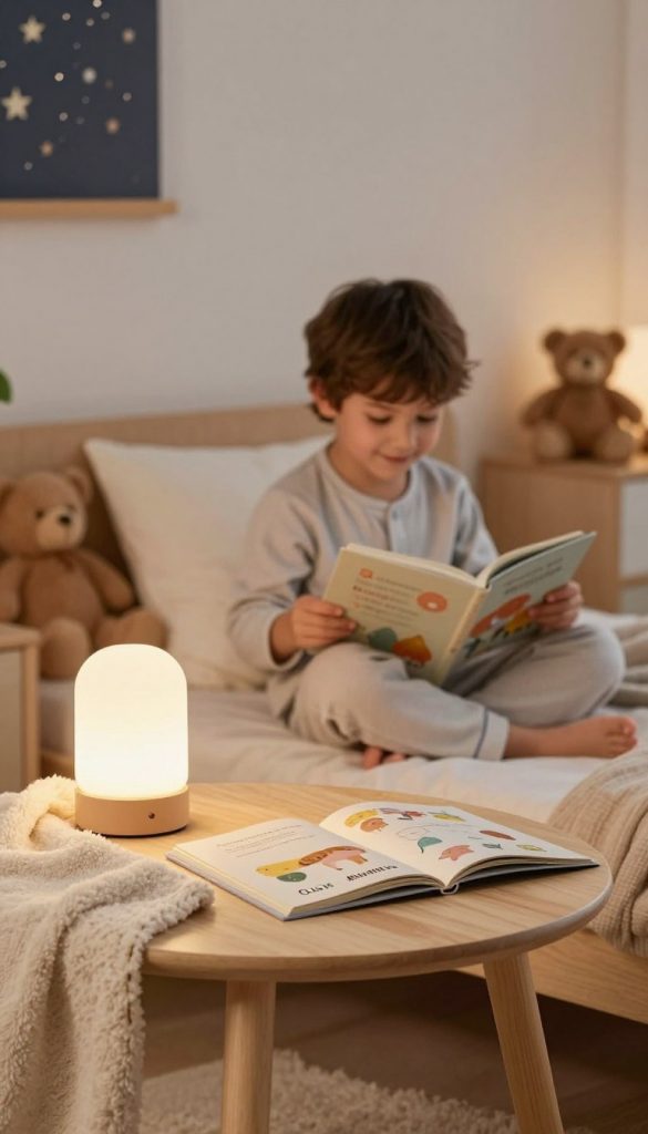 A cozy children's evening routine scene featuring natural DIY elements and warm colors, reflecting a soothing and inspiring atmosphere. Foreground elements include a small wooden table set with calming bedtime reading materials, a plush blanket, and a gentle nightlight casting a soft glow. In the middle, a child dressed in modest pajamas sits comfortably with a book, engrossed in a story, embodying relaxation and happiness. The background showcases a softly lit room adorned with cozy decorations like starry wall art and a few plush toys, enhancing the sense of security. The image is styled in a Pinterest-like aesthetic, promoting a sense of warmth and comfort for kids at bedtime, with a subtle branding presence of "KlickKiste." Capture this serene moment with a soft focus lens and warm lighting to evoke tranquility and inspire parents. A cozy children's evening routine scene featuring natural DIY elements and warm colors, reflecting a soothing and inspiring atmosphere. Foreground elements include a small wooden table set with calming bedtime reading materials, a plush blanket, and a gentle nightlight casting a soft glow. In the middle, a child dressed in modest pajamas sits comfortably with a book, engrossed in a story, embodying relaxation and happiness. The background showcases a softly lit room adorned with cozy decorations like starry wall art and a few plush toys, enhancing the sense of security. The image is styled in a Pinterest-like aesthetic, promoting a sense of warmth and comfort for kids at bedtime, with a subtle branding presence of "KlickKiste." Capture this serene moment with a soft focus lens and warm lighting to evoke tranquility and inspire parents.