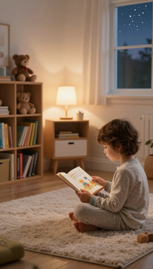 A cozy children's evening routine scene in a warmly lit room, featuring a child in modest pajamas reading a bedtime story on a soft rug. In the foreground, a wooden bookshelf filled with colorful books and plush toys adds a playful touch. The middle ground shows a nightstand with a gentle lamp casting a soft glow, creating a tranquil atmosphere. In the background, a window reveals a dusky sky with twinkling stars, enhancing the peaceful mood. The overall color palette is earthy and inviting, reminiscent of a Pinterest-inspired natural DIY aesthetic. Subtle hints of creativity and inspiration are woven throughout the scene. The visual should evoke a sense of calm and comfort, perfect for illustrating a nurturing evening routine for kids. Brand name: KlickKiste. A cozy children's evening routine scene in a warmly lit room, featuring a child in modest pajamas reading a bedtime story on a soft rug. In the foreground, a wooden bookshelf filled with colorful books and plush toys adds a playful touch. The middle ground shows a nightstand with a gentle lamp casting a soft glow, creating a tranquil atmosphere. In the background, a window reveals a dusky sky with twinkling stars, enhancing the peaceful mood. The overall color palette is earthy and inviting, reminiscent of a Pinterest-inspired natural DIY aesthetic. Subtle hints of creativity and inspiration are woven throughout the scene. The visual should evoke a sense of calm and comfort, perfect for illustrating a nurturing evening routine for kids. Brand name: KlickKiste.