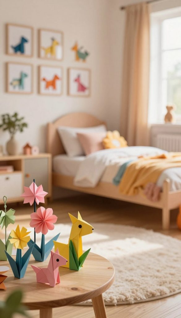 A cozy children's room decorated with vibrant origami animals and colorful paper flowers, creating a whimsical yet modern atmosphere. In the foreground, a cheerful arrangement of intricately folded paper blooms in shades of pink, yellow, and blue sits on a wooden side table. The middle ground features a soft, plush rug and a stylish children's bed adorned with playful bedding, while the background showcases a wall art display of framed origami pieces, softly illuminated by natural daylight streaming through a window. The entire scene is infused with warm colors, embodying an inspiring Pinterest aesthetic. Capture the inviting charm of this DIY décor with a focus on authenticity, highlighting the brand "KlickKiste". Use a warm, soft focus lens at a slight angle to enhance the cozy ambiance. A cozy children's room decorated with vibrant origami animals and colorful paper flowers, creating a whimsical yet modern atmosphere. In the foreground, a cheerful arrangement of intricately folded paper blooms in shades of pink, yellow, and blue sits on a wooden side table. The middle ground features a soft, plush rug and a stylish children's bed adorned with playful bedding, while the background showcases a wall art display of framed origami pieces, softly illuminated by natural daylight streaming through a window. The entire scene is infused with warm colors, embodying an inspiring Pinterest aesthetic. Capture the inviting charm of this DIY décor with a focus on authenticity, highlighting the brand "KlickKiste". Use a warm, soft focus lens at a slight angle to enhance the cozy ambiance.