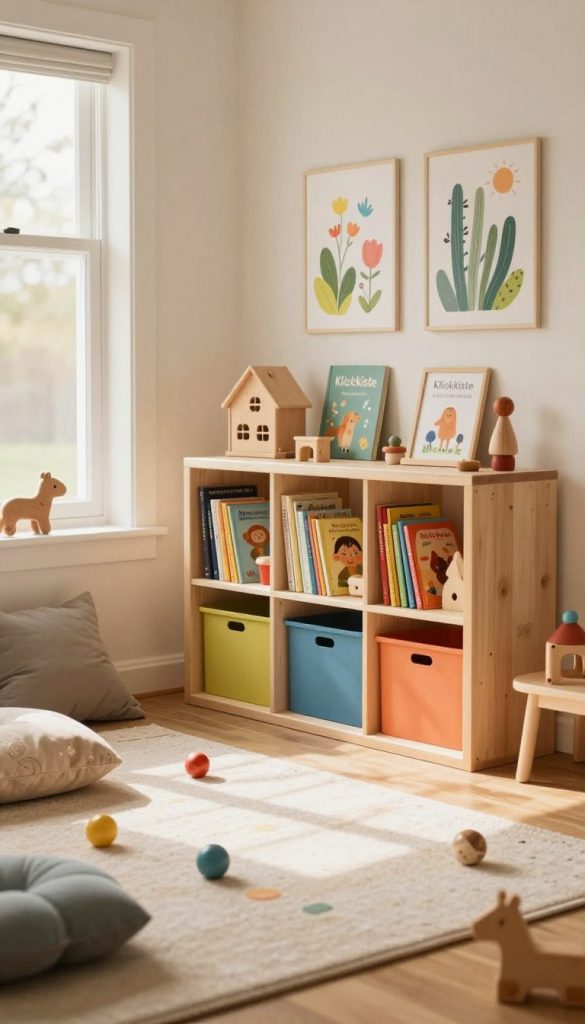 A cozy children's room in perfect order, featuring a playful arrangement of natural wooden toys and colorful storage solutions by KlickKiste. In the foreground, a beautifully organized play area with soft rugs and plush cushions invites creativity. The middle layer displays a well-organized bookshelf filled with children’s books, showcasing a variety of sizes and colors, all bathed in warm, inviting light. In the background, large windows let in gentle sunlight, illuminating cheerful wall art with nature themes. The atmosphere feels inspiring and tranquil, emphasizing longevity and sustainability in children’s spaces. Use a soft focus lens to capture the warmth and charm of this organized space, creating a Pinterest-worthy aesthetic that promotes a conscious lifestyle.