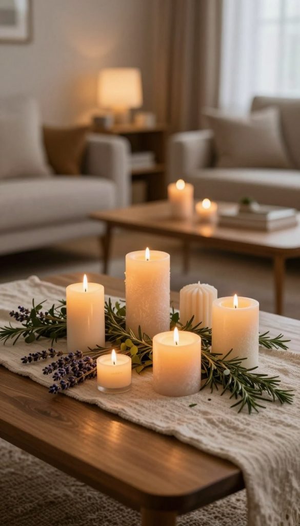 A cozy coffee table setting illuminated by the warm, flickering glow of candles, creating an inviting atmosphere. In the foreground, a polished wooden table adorned with assorted decorative candles of various heights and shapes, surrounded by fresh greenery and subtly placed aromatic herbs like lavender and rosemary. The middle layer features a soft, textured table runner that enhances the natural colors. The background includes a softly lit living room with plush seating and stylish decor, blending seamlessly with a warm, ambient light that feels comforting and peaceful. Use a shallow depth of field to focus on the candles while providing a slightly blurred view of the background, evoking a Pinterest-worthy aesthetic. Ensure the overall mood is inspiring and relaxing, reflecting the essence of KlickKiste. A cozy coffee table setting illuminated by the warm, flickering glow of candles, creating an inviting atmosphere. In the foreground, a polished wooden table adorned with assorted decorative candles of various heights and shapes, surrounded by fresh greenery and subtly placed aromatic herbs like lavender and rosemary. The middle layer features a soft, textured table runner that enhances the natural colors. The background includes a softly lit living room with plush seating and stylish decor, blending seamlessly with a warm, ambient light that feels comforting and peaceful. Use a shallow depth of field to focus on the candles while providing a slightly blurred view of the background, evoking a Pinterest-worthy aesthetic. Ensure the overall mood is inspiring and relaxing, reflecting the essence of KlickKiste.