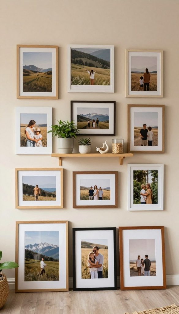A cozy corner decorated with a stylish bilderwand, showcasing a curated collection of natural DIY photographs in warm colors that evoke a Pinterest aesthetic. In the foreground, elegant frames in various sizes hold images of landscapes, family moments, and artistic stills. The middle layer highlights a small faux shelf adorned with plants and decorative items, seamlessly blending functionality and style. In the background, a soft, neutral-toned wall enhances the warmth of the displayed images while reflecting natural light, creating an inviting atmosphere. The scene captures the essence of maximizing small spaces with creativity and authenticity, embodying the spirit of KlickKiste. The overall mood is inspiring and uplifting, designed to resonate with viewers looking for innovative design ideas.