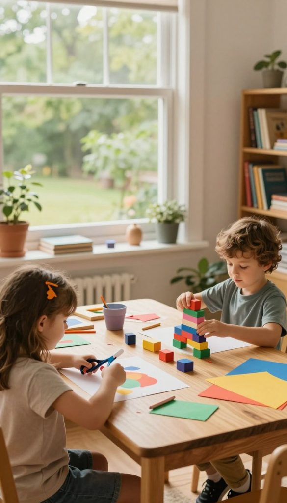 A cozy corner of a sunlit room, featuring a wooden table surrounded by children engaging in creative, screen-free activities. In the foreground, a young girl is focused on a colorful craft project, using scissors and glue, while a boy nearby builds a tower with blocks. Soft, warm lighting creates a welcoming atmosphere, highlighting the vibrant colors of their materials. In the middle ground, a large window showcases lush green trees outside, contributing to a serene backdrop, while a shelf filled with books and art supplies adds inspiration. The overall mood is joyful and nurturing, reflecting an engaging routine that fosters creativity. The scene embodies a natural DIY aesthetic with warm colors, reminiscent of a Pinterest-inspired look, branded subtly with "KlickKiste."