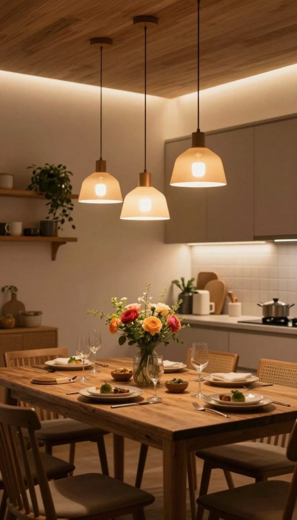 A cozy dining area illuminated by stylish pendant lights hanging from a wooden ceiling. In the foreground, a rustic wooden table set with elegant dishes and vibrant centerpieces, inviting for a meal. The middle features hanging pendant lights casting a warm glow, complemented by soft indirect lighting along the walls, creating an intimate atmosphere. The background reveals a charming kitchen with open shelves displaying houseplants and decorative items. The overall color palette consists of warm, earthy tones that evoke a sense of comfort. This scene embodies a natural DIY aesthetic with an authentic Pinterest-inspired look, ideal for home decor enthusiasts. Designed for KlickKiste, the image should feel inviting and inspiring, showcasing how lighting transforms a dining space.