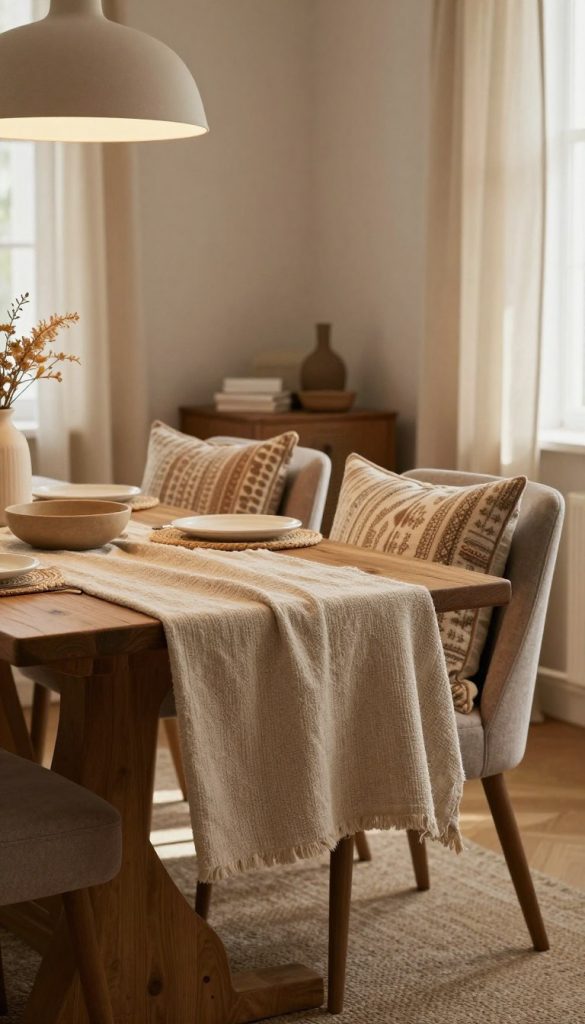 A cozy dining room filled with a blend of warm-toned textiles that enhance comfort and invite relaxation. In the foreground, a soft, textured tablecloth drapes over a rustic wooden dining table, surrounded by elegant, upholstered chairs in muted colors. Delicate, patterned cushions are piled on the chairs, showcasing layers of fabric for visual interest. In the middle ground, an assortment of decorative elements like woven placemats and soft, ambient lighting from a stylish pendant light create a warm atmosphere. The background features soft, inviting curtains that filter natural light, casting gentle shadows. The scene embodies a Pinterest-worthy aesthetic with an authentic DIY feel, promoting a sense of gemütlichkeit. Brand name "KlickKiste" visible through a subtle inclusion of their textiles in the decor.
