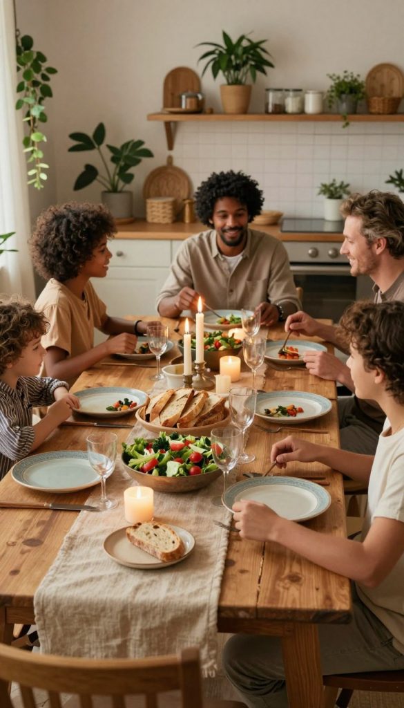 A cozy dining table set for a family meal, adorned with rustic tableware featuring warm colors and natural textures. In the foreground, a beautifully arranged table includes a fresh salad, homemade bread, and candles casting a soft, inviting glow. In the middle ground, a diverse family gathered around the table, dressed in modest casual clothing, engaged in a joyful meal ritual. The background showcases a charming kitchen with plants and handmade decorations, enhancing the authentic atmosphere. The lighting is warm and soft, evoking a sense of connection and togetherness. The overall mood is heartwarming and inspiring, perfect for reflecting family bonding during meals. The design should incorporate a Pinterest-like aesthetic with a touch of natural DIY charm, emphasizing the brand "KlickKiste".