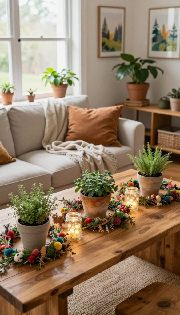 A cozy, eco-friendly DIY decor scene showcasing seasonal decorations for every time of year. In the foreground, a beautifully crafted wooden table adorned with charming handmade decor items, like flower pots filled with herbs, colorful garlands made from natural materials, and small glass jars with LED lights. The middle ground features a warm, inviting living room with a comfortable couch draped in organic cotton blankets and cushions featuring earth-tone colors. In the background, large windows allow soft, natural light to fill the space, illuminating potted plants and artwork depicting nature. The overall atmosphere is warm and inspiring, reflecting a Pinterest aesthetic, with a touch of the brand "KlickKiste". The image is captured from a slightly elevated angle to emphasize the decor elements while maintaining a homely and welcoming vibe.