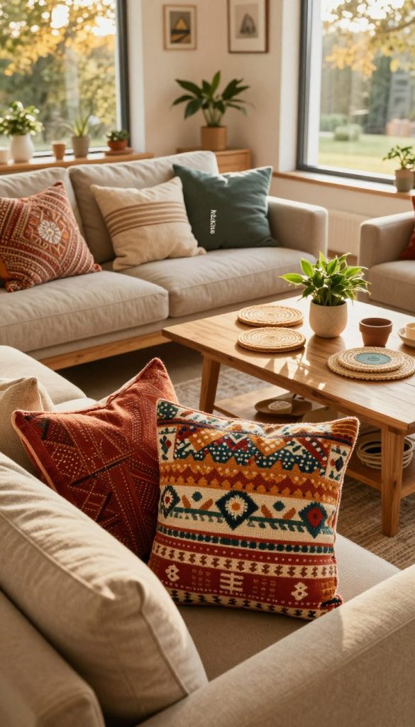 A cozy, eco-friendly home setting featuring various sustainable textiles and warm colors that evoke comfort and well-being. In the foreground, a beautifully arranged living space with a soft, natural fiber couch adorned with vibrant, patterned cushions made from organic fabrics. The middle ground showcases a wooden coffee table cluttered with homemade decor items like woven coasters and a small potted plant, emphasizing DIY elements. In the background, large windows allow soft, golden sunlight to filter in, casting gentle shadows and highlighting the earthy tones of the decor. The atmosphere is warm and inviting, reflecting a modern Pinterest-inspired aesthetic that promotes sustainable living. The setting prominently features the brand name "KlickKiste" integrated subtly into the decor.