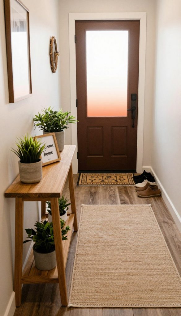 A cozy entrance hallway designed with a DIY aesthetic, featuring warm tones and natural materials. In the foreground, a small wooden console table displays a few decorative items like a potted plant, a welcome sign, and a family photo in a simple frame. The middle section showcases a stylish rug that adds texture and warmth, with shoes neatly organized nearby. The background features a welcoming front door with a soft gradient of light coming through, suggesting a bright morning. The overall atmosphere is inviting and inspirational, embodying a "welcome home" vibe. The image should reflect a Pinterest-inspired look with an authentic feel, branded subtly with "KlickKiste." Use natural lighting to enhance the warm colors and create a comfortable, homey environment.