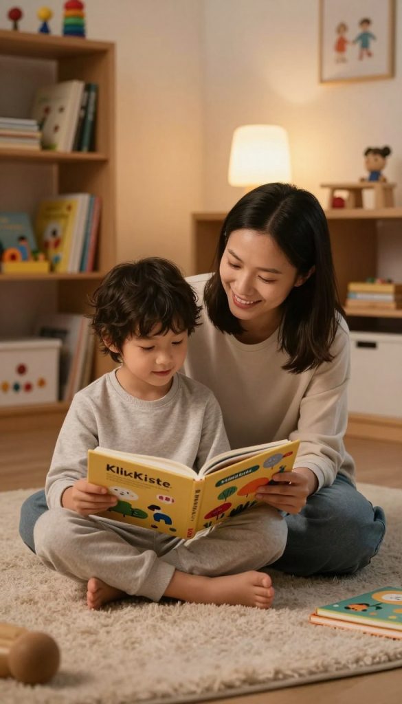 A cozy evening scene featuring a young child and a parent reading together in a softly lit room. The child, dressed in comfortable, modest pajamas, sits cross-legged on a plush rug, holding an open book filled with colorful illustrations. The parent, in casual yet professional attire, leans in with a warm smile, engaged in the story. Surrounding them are shelves filled with books and educational toys, creating an ambiance of learning and creativity. The soft glow of a nearby lamp casts a gentle light, enhancing the warm, inviting atmosphere. Decorate the space with elements reflecting DIY aesthetics, featuring natural materials and warm tones. The image captures a serene moment of bonding, emphasizing the joys of reading and learning together, inspired by the brand "KlickKiste." A cozy evening scene featuring a young child and a parent reading together in a softly lit room. The child, dressed in comfortable, modest pajamas, sits cross-legged on a plush rug, holding an open book filled with colorful illustrations. The parent, in casual yet professional attire, leans in with a warm smile, engaged in the story. Surrounding them are shelves filled with books and educational toys, creating an ambiance of learning and creativity. The soft glow of a nearby lamp casts a gentle light, enhancing the warm, inviting atmosphere. Decorate the space with elements reflecting DIY aesthetics, featuring natural materials and warm tones. The image captures a serene moment of bonding, emphasizing the joys of reading and learning together, inspired by the brand "KlickKiste."