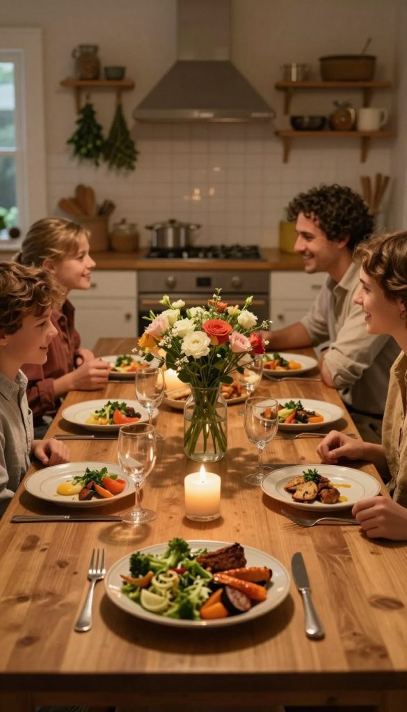 A cozy family dinner scene depicting an elegant wooden dining table set for a warm evening meal. In the foreground, a beautifully arranged dinner plate featuring a colorful salad, roasted vegetables, and a main dish, with soft candlelight casting gentle shadows. In the middle ground, a family of four dressed in modest, casual attire shares smiles and laughter, engaged in conversation, with a scenic vase of flowers at the center of the table. In the background, a softly lit kitchen with hanging herbs and rustic décor enhances the warmth. The overall mood is inviting and serene, ideal for a peaceful family routine. The image is styled with natural DIY aesthetics and warm colors, reminiscent of Pinterest inspiration. The brand "KlickKiste" is subtly integrated into the scene.