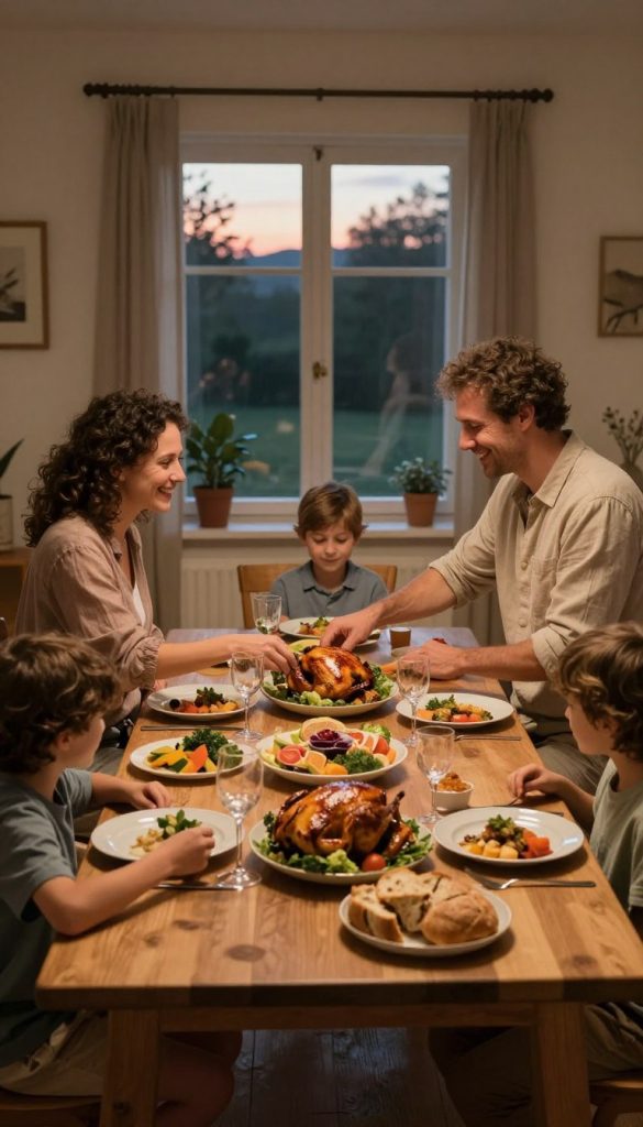 A cozy family dinner scene set in a softly lit dining room, featuring a beautifully set wooden table laden with a variety of appetizing Abendessen dishes, including roasted chicken, seasonal vegetables, and fresh bread. In the foreground, a couple, dressed in modest casual clothing, share smiles while serving food to their children, who are seated and eagerly waiting. The warm light casts a gentle glow, enhancing the inviting atmosphere. In the background, a window shows twilight outside, with the last rays of sun illuminating the room, creating a tranquil and nurturing ambiance. The overall mood reflects relaxation and unity, perfect for illustrating family bonding time. Style the image with a Pinterest-inspired look, capturing authenticity and inspiration, using natural DIY aesthetics. Brand quietly included: KlickKiste.