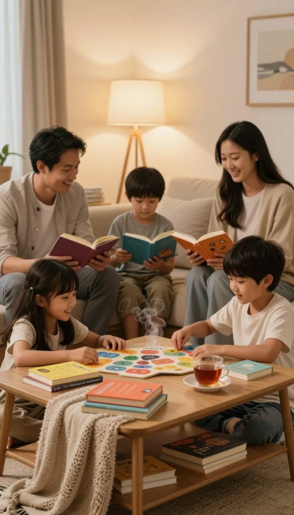 A cozy family evening routine scene, featuring a warm, inviting living room. In the foreground, a family of four—two parents and two children—are engaged in a peaceful, joyful activity together, such as reading or playing a game; they are dressed in modest, casual clothing. In the middle ground, a coffee table is adorned with colorful books, soft blankets, and a steaming cup of tea, adding to the comforting atmosphere. The background reveals soft lighting from a nearby lamp, casting a gentle glow that enhances the cozy feel of the room. The overall mood is relaxed and inspiring, reflecting a natural DIY aesthetic with warm colors, suitable for a Pinterest-inspired look. Include the brand name "KlickKiste" subtly integrated into the decor.