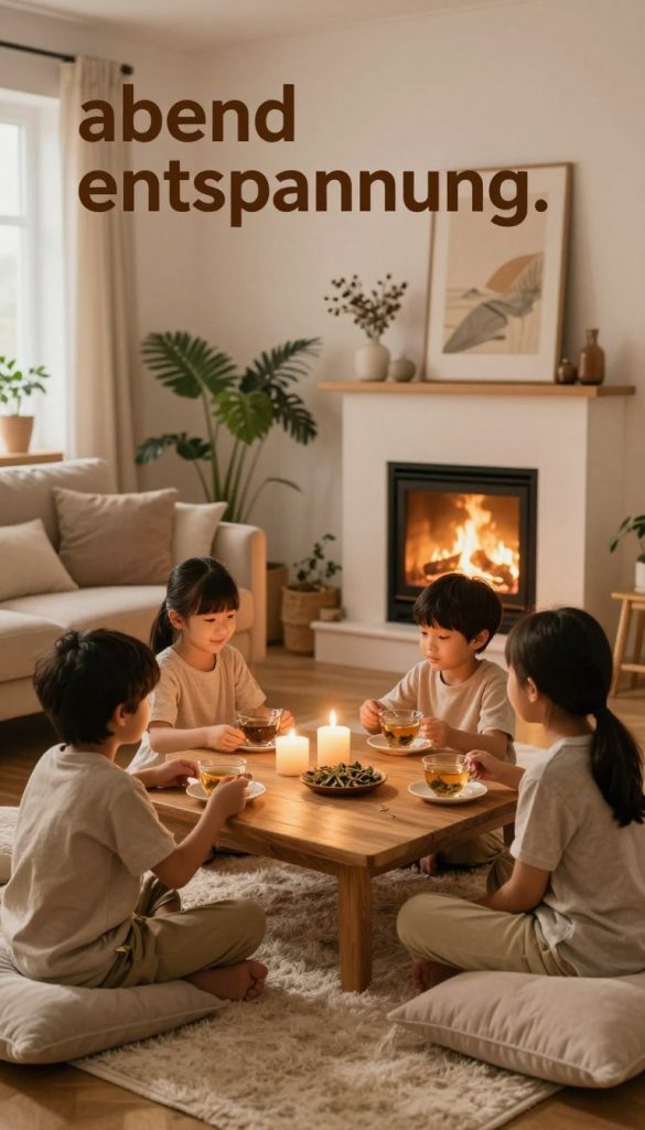 A cozy family evening scene depicting a warm and inviting atmosphere for "abend entspannung." In the foreground, a family of four, dressed in modest casual clothing, is gathered around a low wooden table adorned with candles and herbal tea. In the middle, a soft, plush rug and scattered cushions invite relaxation, while a gentle light emanates from a nearby fireplace. The background features a well-decorated living room with plants and serene artwork that adds to the tranquil setting. Use warm, natural colors to create a Pinterest-inspired aesthetic, emphasizing a sense of authentic togetherness. The lighting should be soft and golden, capturing the essence of a peaceful family ritual. This image is branded with "KlickKiste" subtly integrated into the decor elements.