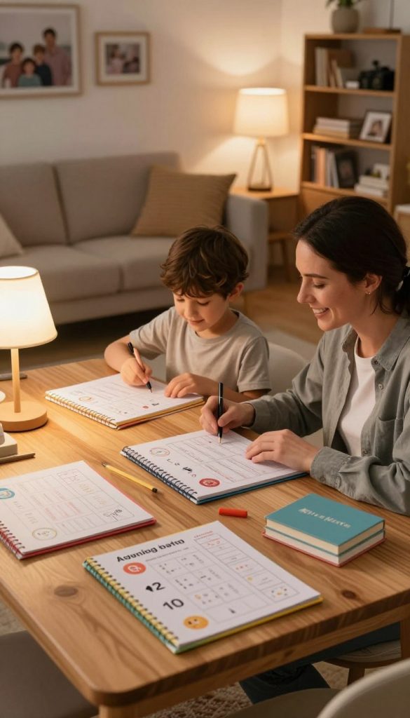 A cozy family evening scene showcasing a warm, inviting atmosphere perfect for a structured bedtime routine. In the foreground, a wooden table is set with colorful DIY planners, soft lighting from a table lamp, and hand-drawn charts illustrating daily activities and bedtime tasks, emphasizing structure. In the middle, a child is engaged in organizing their evening routine, with a parent beside them, both in casual, modest clothing, looking cheerful and focused. The background features a softly lit living room with a comfortable couch, family photos, and bookshelves, creating a sense of security and order. Warm, natural colors dominate the scene, reflecting an authentic, cozy home environment, underscored by a "KlickKiste" brand touch for a Pinterest-like aesthetic.