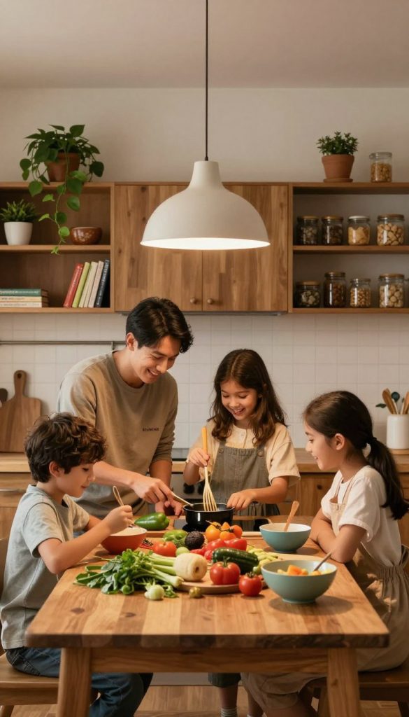 A cozy family evening scene with a warm and inviting atmosphere. In the foreground, a cheerful family of four, dressed in comfortable casual clothing, engages in a lively cooking activity together around a wooden kitchen table adorned with fresh vegetables, colorful bowls, and cooking utensils. In the middle, a soft ambient glow from a pendant light overhead enhances the natural DIY aesthetic, with touches of greenery in planters and rustic decor. The background features a charming kitchen with wooden cabinets and open shelves holding cookbooks and jars, creating a sense of warmth and structure. The lighting is soft and inviting, evoking a feeling of creativity and togetherness. The image reflects an authentic Pinterest-like vibe, showcasing the brand 'KlickKiste' subtly integrated into the kitchen design elements. A cozy family evening scene with a warm and inviting atmosphere. In the foreground, a cheerful family of four, dressed in comfortable casual clothing, engages in a lively cooking activity together around a wooden kitchen table adorned with fresh vegetables, colorful bowls, and cooking utensils. In the middle, a soft ambient glow from a pendant light overhead enhances the natural DIY aesthetic, with touches of greenery in planters and rustic decor. The background features a charming kitchen with wooden cabinets and open shelves holding cookbooks and jars, creating a sense of warmth and structure. The lighting is soft and inviting, evoking a feeling of creativity and togetherness. The image reflects an authentic Pinterest-like vibe, showcasing the brand 'KlickKiste' subtly integrated into the kitchen design elements.