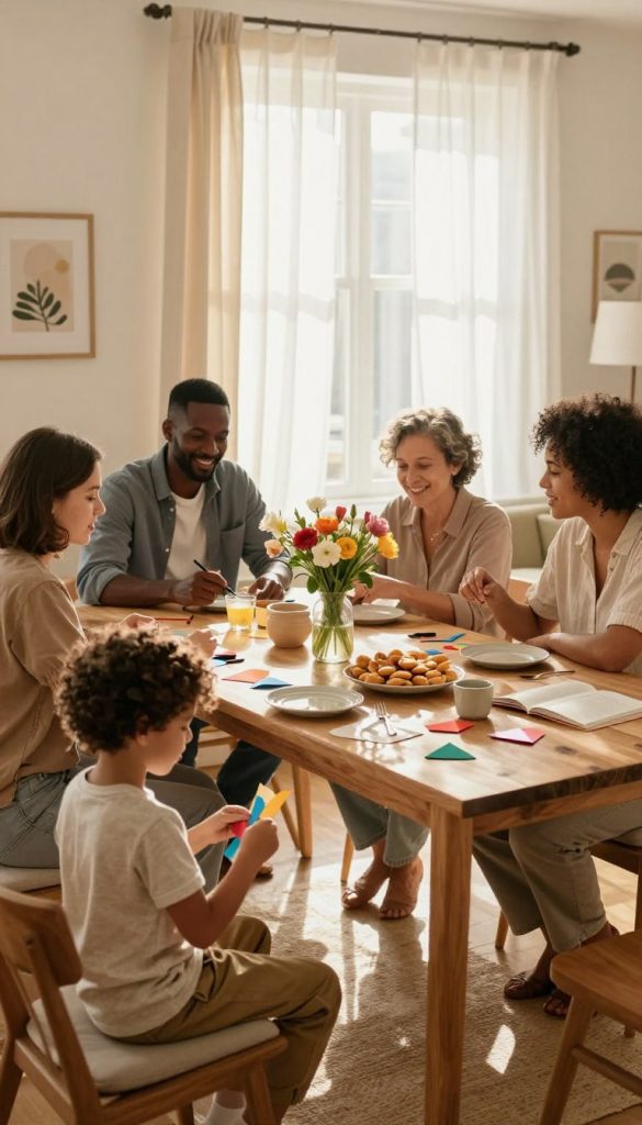 A cozy family gathering in a sunlit living room, showcasing a diverse family engaged in simple, heartwarming rituals that promote harmony. In the foreground, a child joyfully crafts with colorful materials, while a parent looks on with pride. In the middle, the family is seated around a wooden table adorned with fresh flowers and homemade snacks, representing togetherness. In the background, warm sunlight filters through sheer curtains, creating a soft, inviting atmosphere. The colors are warm and natural, reflecting a DIY aesthetic, with an emphasis on authenticity and inspiration. Captured with a wide-angle lens to include details of family interactions, the overall mood is peaceful and joyful, ideal for showcasing как small routines enrich family life. Include subtle branding elements of "KlickKiste" in the decor, blending seamlessly into the scene. A cozy family gathering in a sunlit living room, showcasing a diverse family engaged in simple, heartwarming rituals that promote harmony. In the foreground, a child joyfully crafts with colorful materials, while a parent looks on with pride. In the middle, the family is seated around a wooden table adorned with fresh flowers and homemade snacks, representing togetherness. In the background, warm sunlight filters through sheer curtains, creating a soft, inviting atmosphere. The colors are warm and natural, reflecting a DIY aesthetic, with an emphasis on authenticity and inspiration. Captured with a wide-angle lens to include details of family interactions, the overall mood is peaceful and joyful, ideal for showcasing как small routines enrich family life. Include subtle branding elements of "KlickKiste" in the decor, blending seamlessly into the scene.