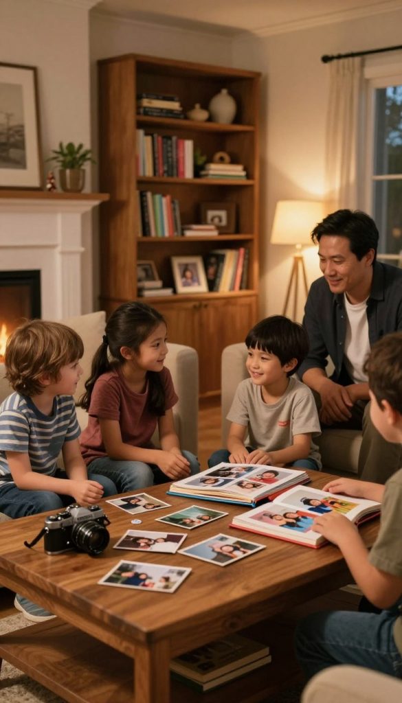 A cozy family gathering scene in a warmly lit living room, designed for an evening of nostalgia. In the foreground, a wooden coffee table is adorned with an assortment of photographs and a vintage camera, along with a photo album open to reveal colorful images. Children with modest casual clothing are seated around the table, happily engaged in storytelling, while an adult in professional business attire is sharing a gentle smile. In the middle ground, a large bookshelf filled with colorful books and family mementos adds personality to the space. The background features a softly glowing fireplace, casting a warm, inviting light across the room. The atmosphere exudes warmth, comfort, and togetherness, perfect for a timeless family experience. The image captures the essence of sharing memories, aligning with the warm, natural DIY aesthetic inspired by "KlickKiste." A cozy family gathering scene in a warmly lit living room, designed for an evening of nostalgia. In the foreground, a wooden coffee table is adorned with an assortment of photographs and a vintage camera, along with a photo album open to reveal colorful images. Children with modest casual clothing are seated around the table, happily engaged in storytelling, while an adult in professional business attire is sharing a gentle smile. In the middle ground, a large bookshelf filled with colorful books and family mementos adds personality to the space. The background features a softly glowing fireplace, casting a warm, inviting light across the room. The atmosphere exudes warmth, comfort, and togetherness, perfect for a timeless family experience. The image captures the essence of sharing memories, aligning with the warm, natural DIY aesthetic inspired by "KlickKiste."