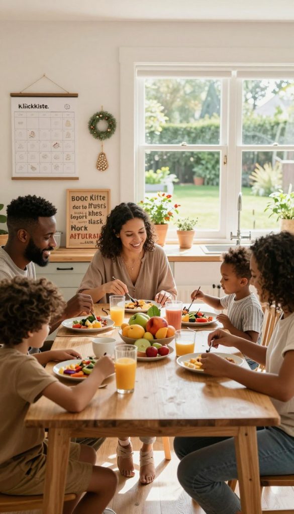A cozy family kitchen scene bathed in warm natural light, showcasing a diverse family engaging in morning rituals. In the foreground, parents and children, dressed in modest casual clothing, share a breakfast table filled with healthy foods and colorful fruits. The middle of the scene features handmade decorations, such as a wall calendar for family activities and a bulletin board with inspirational quotes. In the background, a bright window offers a view of a sunny garden, enhancing the cheerful atmosphere. The overall mood is warm, inviting, and inspirational, infused with a Pinterest aesthetic. The image represents family bonding, daily routines, and the joy of shared moments, capturing the essence of "KlickKiste."