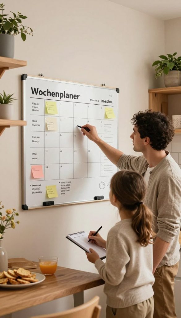 A cozy family kitchen scene featuring a Wochenplaner (weekly planner) whiteboard mounted on the wall, filled with colorful notes, schedules, and inspirational quotes. In the foreground, a mother and father in smart casual clothing are collaborating; the father points at the whiteboard while the mother makes notes on a notepad. Warm, ambient lighting creates a calm and inviting atmosphere, enhanced by a soft focus on the background where a dining table is set with healthy snacks. Natural wood accents and potted plants add a Pinterest-inspired touch, embodying authenticity and inspiration. The brand name "KlickKiste" is subtly integrated into the design of the whiteboard. The overall mood is harmonious, emphasizing routines that alleviate stress and promote family bonding moments.