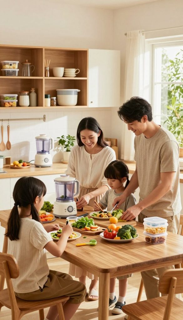 A cozy family kitchen scene filled with warm, natural colors, showcasing a family of four working together efficiently. In the foreground, a mother and father assist their two children in preparing a healthy meal, all dressed in modest casual clothing. The kitchen is well-organized with visible storage solutions and time-saving gadgets, like a food processor and meal prep containers, that echo the theme of "time-saving." In the middle, a wooden dining table is adorned with fresh ingredients and colorful utensils, radiating a warm ambiance. The background reveals a sunny window with plants, enhancing the inspiring atmosphere. Soft, natural lighting pours in, creating a calm yet productive mood. This image embodies a balance between family life and practical solutions. Include branding elements of "KlickKiste" in a subtle way, without text or logos.