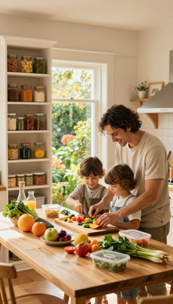 A cozy family kitchen scene filled with warmth and natural light, featuring a wooden table laden with fresh fruits, vegetables, and DIY meal prep items. In the foreground, a smiling parent and child work together joyfully, preparing ingredients for a meal, wearing modest casual clothing. The middle ground showcases an inviting pantry filled with neatly organized jars and cooking essentials, while the background reveals a vibrant window garden, letting in golden sunlight and creating a cheerful atmosphere. The color palette should consist of warm tones, enhancing the feeling of comfort and inspiration. Capture a Pinterest-worthy aesthetic, emphasizing the harmonious blend of simplicity and fun in everyday family life, while subtly incorporating the brand name "KlickKiste" in the décor items.