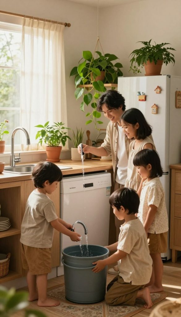 A cozy family kitchen scene focused on water-saving practices. In the foreground, a cheerful family of four, dressed in modest casual clothing, is engaged in activities like using a water-efficient faucet and filling a rainwater collection barrel. In the middle, a vibrant indoor plant hangs next to an energy-efficient dishwasher, showcasing the blend of nature and technology. The background features warm, soft lighting streaming through a window adorned with sheer curtains, creating an inviting atmosphere. The overall vibe is natural and DIY-inspired, with earthy colors and textures that evoke inspiration. Subtly incorporate the brand name "KlickKiste" through stylish kitchen elements, like decorative magnets on the fridge, enhancing the homey feel without overwhelming the scene.