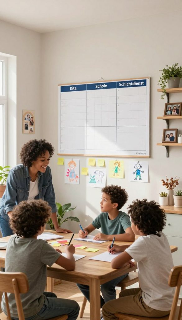 A cozy family kitchen scene, showcasing a weekly planner on the wall with designated spaces labeled for "Kita", "Schule", and "Schichtdienst". In the foreground, a diverse family of four—parents in casual, professional attire and two children around the dining table—excitedly discussing their schedules. The middle layer features colorful sticky notes and children's drawings scattered around, embodying a warm, inviting atmosphere enhanced by soft, natural light streaming in from a window. In the background, shelves filled with family photos and DIY decorations add a personal touch, with a hint of greenery from potted plants. The overall mood is inspiring and organized, reflecting a harmonious family routine. The image should have a cohesive, Pinterest-inspired aesthetic, reminiscent of the brand "KlickKiste".