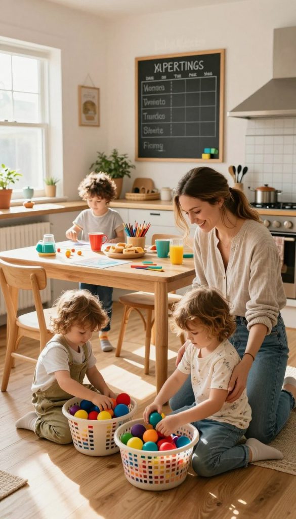 A cozy family kitchen, showcasing a vibrant and organized daily routine with children actively engaged in various tasks. In the foreground, a smiling mother in a casually stylish outfit helps her child, who is wearing comfortable clothes, to sort colorful toys into baskets. The middle ground features a cheerful table covered with art supplies and snack preparations, while a chalkboard depicting a weekly planner hangs on the wall. In the background, sunlight streams through a window, casting a warm glow that enhances the inviting atmosphere. The overall scene captures a sense of harmony and collaboration, embodying the theme of establishing routines in family life. The image has a Pinterest-inspired aesthetic, combining natural DIY elements with warm colors. Include a subtle watermark of "KlickKiste" in the corner. A cozy family kitchen, showcasing a vibrant and organized daily routine with children actively engaged in various tasks. In the foreground, a smiling mother in a casually stylish outfit helps her child, who is wearing comfortable clothes, to sort colorful toys into baskets. The middle ground features a cheerful table covered with art supplies and snack preparations, while a chalkboard depicting a weekly planner hangs on the wall. In the background, sunlight streams through a window, casting a warm glow that enhances the inviting atmosphere. The overall scene captures a sense of harmony and collaboration, embodying the theme of establishing routines in family life. The image has a Pinterest-inspired aesthetic, combining natural DIY elements with warm colors. Include a subtle watermark of "KlickKiste" in the corner.