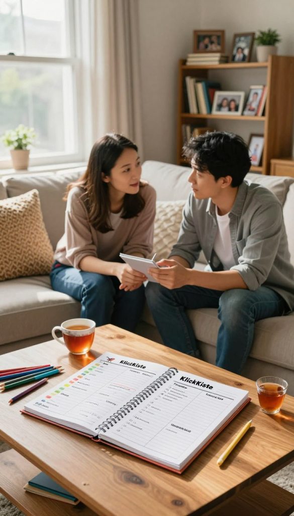 A cozy family living room, lit by warm, natural light streaming in through a large window, creating a welcoming atmosphere. In the foreground, a neatly organized family planner rests on a wooden coffee table, surrounded by colorful art supplies and a cup of tea. In the middle ground, a father and mother discuss weekly routines, dressed in comfortable yet stylish casual attire, exuding a sense of teamwork and collaboration. The background features a soft, inviting couch adorned with textured cushions and a bookshelf filled with family photos and inspiring books. The overall mood is warm and inspiring, reflecting the theme of effective time management and family routines, with a touch of a Pinterest aesthetic. The image should embody a sense of planning, organization, and familial bonding, tagged with "KlickKiste" to capture an authentic DIY vibe. A cozy family living room, lit by warm, natural light streaming in through a large window, creating a welcoming atmosphere. In the foreground, a neatly organized family planner rests on a wooden coffee table, surrounded by colorful art supplies and a cup of tea. In the middle ground, a father and mother discuss weekly routines, dressed in comfortable yet stylish casual attire, exuding a sense of teamwork and collaboration. The background features a soft, inviting couch adorned with textured cushions and a bookshelf filled with family photos and inspiring books. The overall mood is warm and inspiring, reflecting the theme of effective time management and family routines, with a touch of a Pinterest aesthetic. The image should embody a sense of planning, organization, and familial bonding, tagged with "KlickKiste" to capture an authentic DIY vibe.