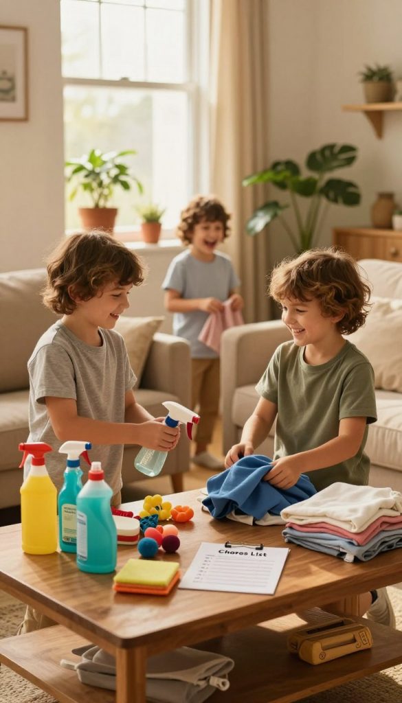 A cozy family living room scene depicting children engaged in household chores, such as dusting, organizing toys, and folding laundry. The foreground features a wooden coffee table cluttered with colorful cleaning supplies and a checklist titled "Chores List" to emphasize organization. In the middle, two children, dressed in modest casual clothing, happily work together, exchanging smiles and laughter, creating a sense of teamwork. The background showcases a warm, sunlit window with potted plants, enhancing the inviting atmosphere. Soft, diffused lighting illuminates the space, adding a golden hue that conveys warmth and harmony. The overall mood is authentic and inspiring, reflecting natural DIY aesthetics with a Pinterest-like appeal. Include subtle branding elements inspired by "KlickKiste".