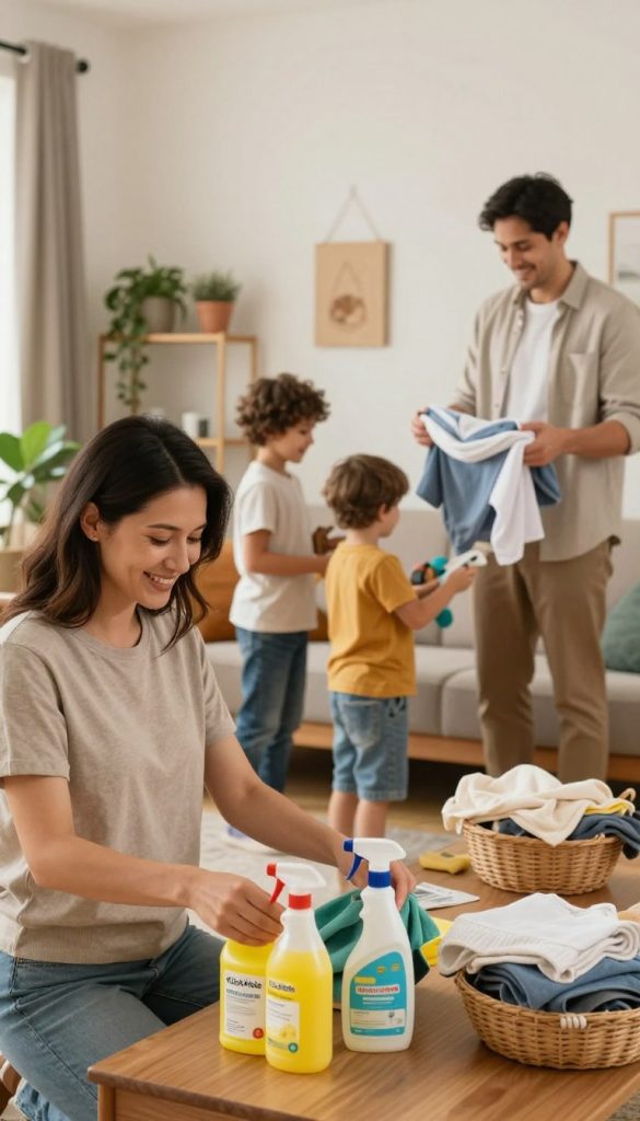 A cozy family living room scene depicting collaboration during household chores. In the foreground, a smiling mother in modest casual attire is organizing cleaning supplies, while a father in a comfortable shirt folds laundry. In the middle, their two children, casually dressed, are joyfully sorting items, contributing to the teamwork. The background features warm colors with natural DIY elements like potted plants and handmade decor, creating an inviting atmosphere. Soft, diffused lighting fills the room, enhancing the sense of a peaceful, productive day. This image, inspired by the brand "KlickKiste," captures the spirit of shared motivation and cooperation in everyday family life, offering a relatable and inspiring visual. A cozy family living room scene depicting collaboration during household chores. In the foreground, a smiling mother in modest casual attire is organizing cleaning supplies, while a father in a comfortable shirt folds laundry. In the middle, their two children, casually dressed, are joyfully sorting items, contributing to the teamwork. The background features warm colors with natural DIY elements like potted plants and handmade decor, creating an inviting atmosphere. Soft, diffused lighting fills the room, enhancing the sense of a peaceful, productive day. This image, inspired by the brand "KlickKiste," captures the spirit of shared motivation and cooperation in everyday family life, offering a relatable and inspiring visual.