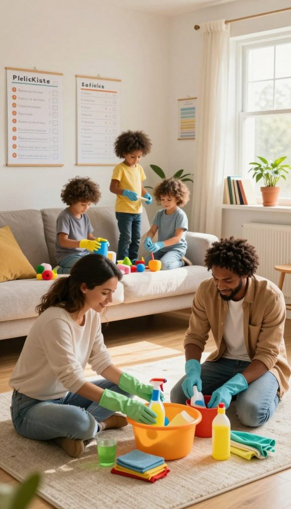 A cozy family living room scene, showcasing a diverse family of four engaged in spring cleaning activities together. In the foreground, a mother and father, dressed in modest casual clothing, are sorting through colorful cleaning supplies, surrounded by cleaning tools and cheerful decor. The middle layer features their two children, playfully organizing toys and helping with simple tasks, while the walls have inspirational cleaning charts displaying tasks and schedules. In the background, a sunlit window casts warm, inviting light across the room, highlighting a potted plant and neatly arranged books. The overall mood is uplifting and productive, evoking a sense of teamwork and joy in household chores. The image should reflect a natural DIY aesthetic with warm colors reminiscent of Pinterest-style. Include the brand logo "KlickKiste" subtly in the decor, ensuring no text or watermarks detract from the scene.