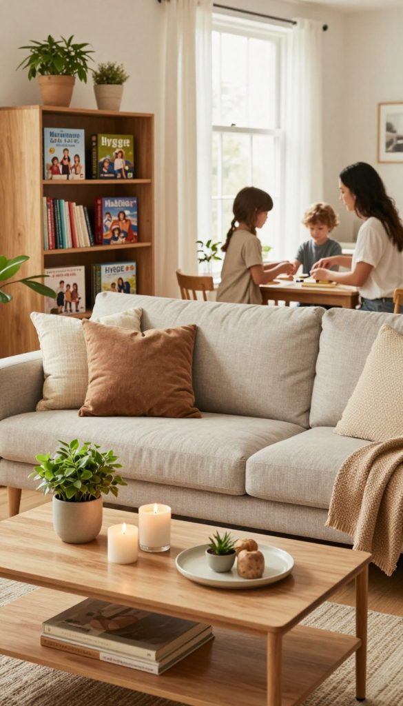A cozy family living room scene that emphasizes structure and organization, filled with warm, natural colors reminiscent of a Pinterest aesthetic. In the foreground, a neatly arranged coffee table with DIY home decor items like handmade candles and potted plants. The middle layer features a stylish bookshelf filled with organized family games and books, and a comfortable sofa adorned with soft, textured cushions. In the background, a window allows soft, natural light to stream in, creating an inviting atmosphere. A family of three, dressed in modest casual clothing, engages in a harmonious activity together, highlighting the concept of 'Hygge'. Include subtle branding elements that suggest "KlickKiste" without overwhelming the scene. The overall mood is warm, inspiring, and relatable, evoking a sense of tranquility and connection.