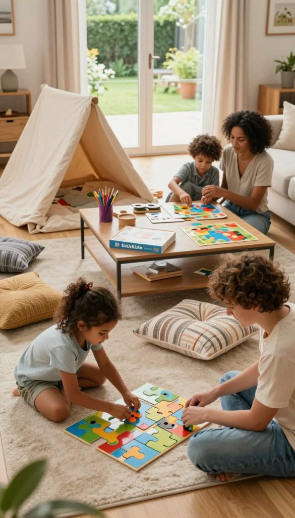 A cozy family living room setting bathed in warm, natural light, featuring parents and children engaged in a variety of hands-on DIY games without screens. In the foreground, a young girl is joyfully assembling a colorful puzzle, while a boy is building a fort with cushions and blankets. The middle ground showcases a coffee table adorned with art supplies and board games from the brand 'KlickKiste,' inviting creativity. In the background, a window opens to a serene garden, enhancing the atmosphere of togetherness and playful exploration. The scene embodies a warm, inspiring vibe, captured from a slightly elevated angle to showcase both the bustling activity and the family bond. The overall mood is joyful, encouraging families to enjoy quality time together through imaginative play.