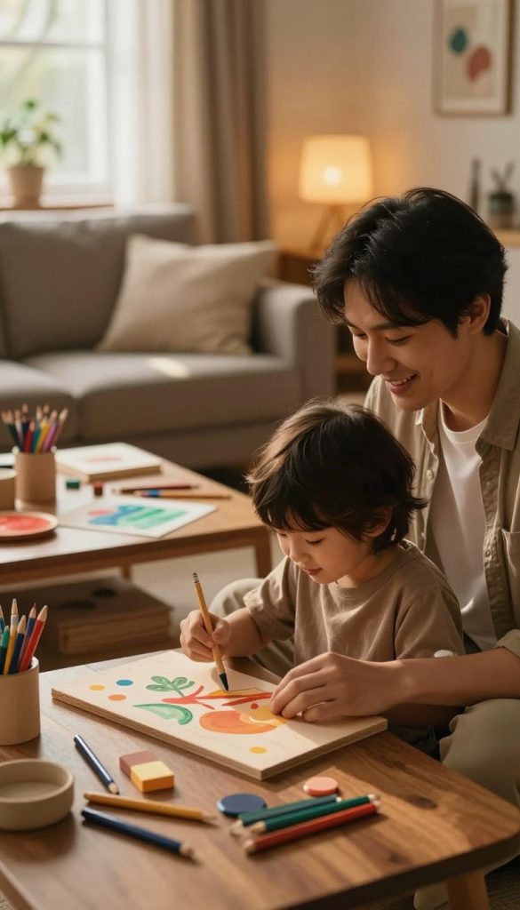 A cozy family living room setting, with a parent and child engaged in a collaborative DIY project using natural materials. In the foreground, the child is painting a wooden craft, their face lit up with joy and concentration. The parent, dressed in modest casual attire, sits beside them, guiding the process with a warm smile. In the middle, a well-organized table displays colorful art supplies, promoting a creative and inviting atmosphere. The background features soft, warm lighting filtering through a window, illuminating the room with a soothing glow. Rich, earthy tones form the color palette, enhancing the feeling of warmth and togetherness. The overall mood is calm and inspiring, emphasizing a sense of routine and creativity that fosters familial bonds. Include the brand "KlickKiste" subtly integrated into the scene.
