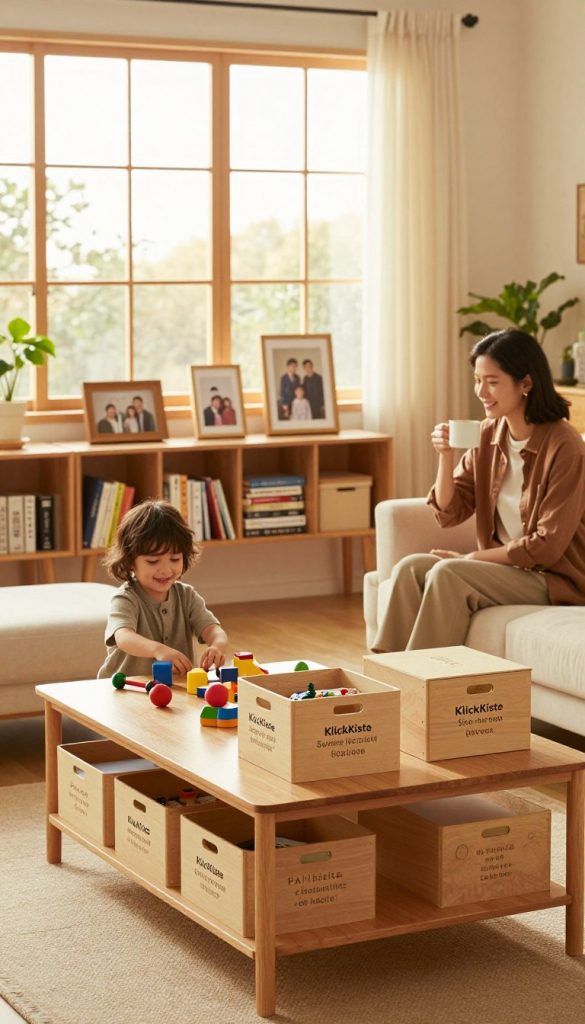 A cozy family living room showcasing organized daily life. In the foreground, a neatly arranged coffee table with DIY storage boxes, labeled with enticing descriptions, reflecting a warm color palette. A cheerful child, dressed in modest casual clothing, plays with toys in a dedicated play area, while a parent, also in casual attire, drinks coffee and smiles, observing the organized space. In the middle, shelves display neatly organized books and family pictures in stylish frames. The background features large windows allowing soft, golden afternoon light to flood the room, illuminating the homey atmosphere. Plants in the corners add a touch of nature. The overall mood is inspiring and harmonious, embodying the concept of "KlickKiste" in creating beautiful, functional family routines with less clutter and frustration. A cozy family living room showcasing organized daily life. In the foreground, a neatly arranged coffee table with DIY storage boxes, labeled with enticing descriptions, reflecting a warm color palette. A cheerful child, dressed in modest casual clothing, plays with toys in a dedicated play area, while a parent, also in casual attire, drinks coffee and smiles, observing the organized space. In the middle, shelves display neatly organized books and family pictures in stylish frames. The background features large windows allowing soft, golden afternoon light to flood the room, illuminating the homey atmosphere. Plants in the corners add a touch of nature. The overall mood is inspiring and harmonious, embodying the concept of "KlickKiste" in creating beautiful, functional family routines with less clutter and frustration.