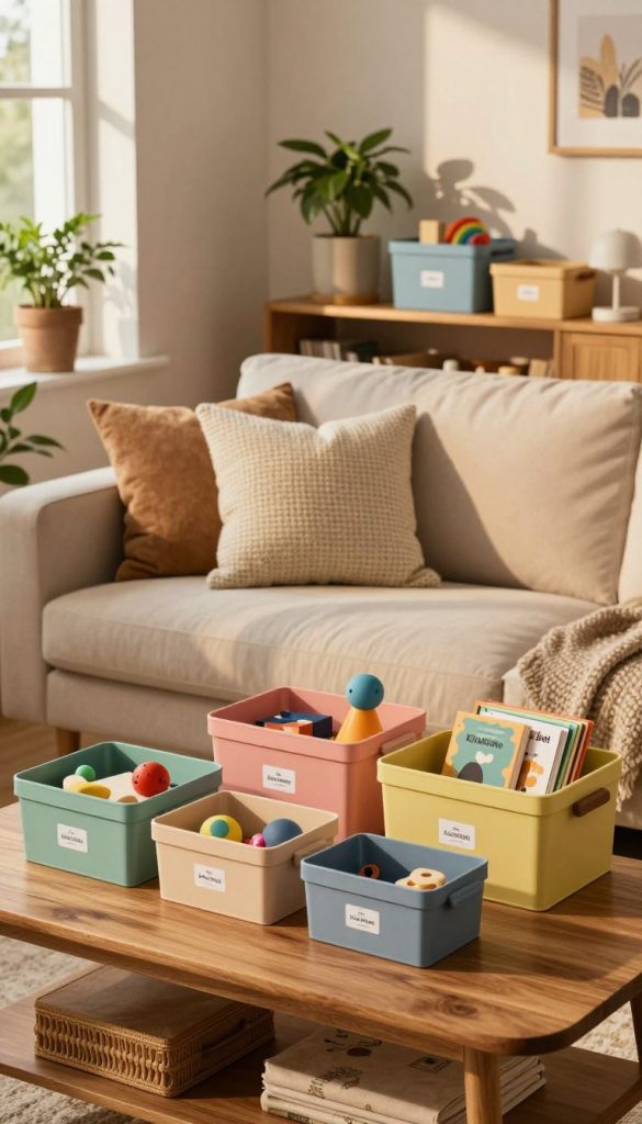 A cozy family living space showcasing beautifully organized ordnungsbox-sets by KlickKiste. In the foreground, an elegantly arranged wooden coffee table displays colorful storage boxes in various sizes, each labeled and filled with toys, books, and crafts for easy access. The middle ground features a plush sofa adorned with soft, textured cushions, bathed in warm, natural light from a nearby window casting gentle shadows. Plants in decorative pots add a touch of nature, enhancing the inviting atmosphere. In the background, a stylish shelf displays more storage solutions, blending functionality with aesthetic appeal. The overall mood is calm and harmonious, reflecting a serene evening routine for families, with a touch of rustic DIY charm and Pinterest-inspired aesthetics.