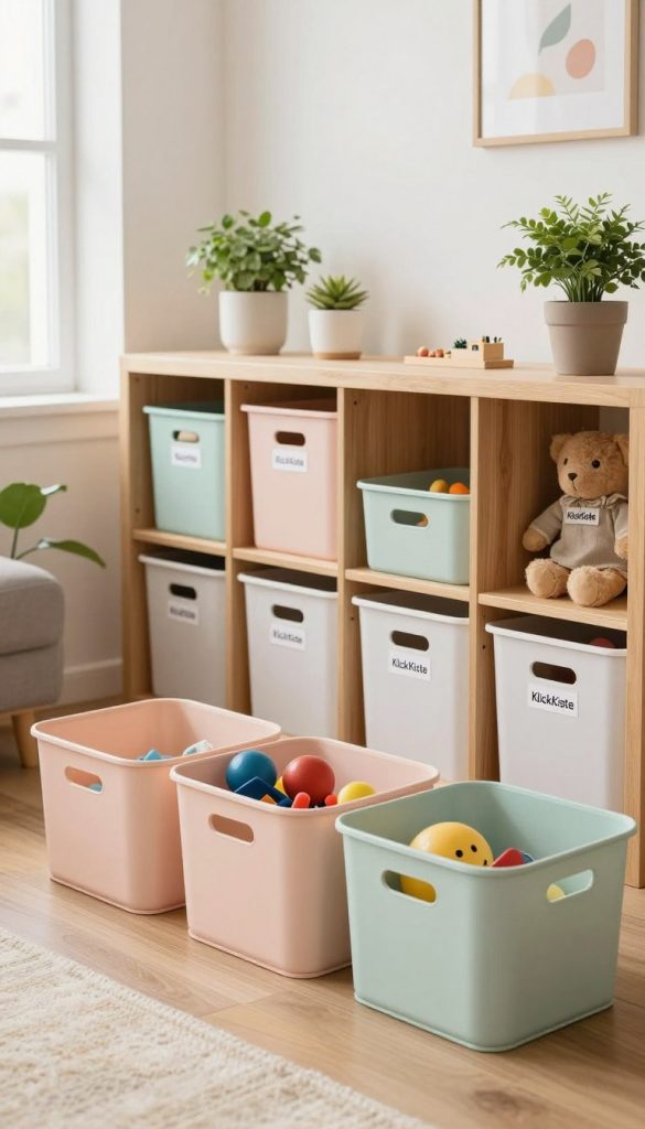A cozy family living space showcasing minimalist organization, designed by KlickKiste. In the foreground, neatly arranged storage bins in soft pastel colors hold children’s toys, promoting a clutter-free environment. The middle ground features a stylish, wooden shelving unit filled with labeled containers for easy access, complemented by decorative plants for a touch of warmth. In the soft-lit background, a bright window lets in natural light, illuminating the entire space with a welcoming glow. The overall atmosphere is warm and inviting, blending functionality with a pleasing aesthetic, ideal for a family lifestyle. Capture the inspiring, DIY Pinterest-like essence, highlighting the harmony between aesthetics and practicality in daily routines.