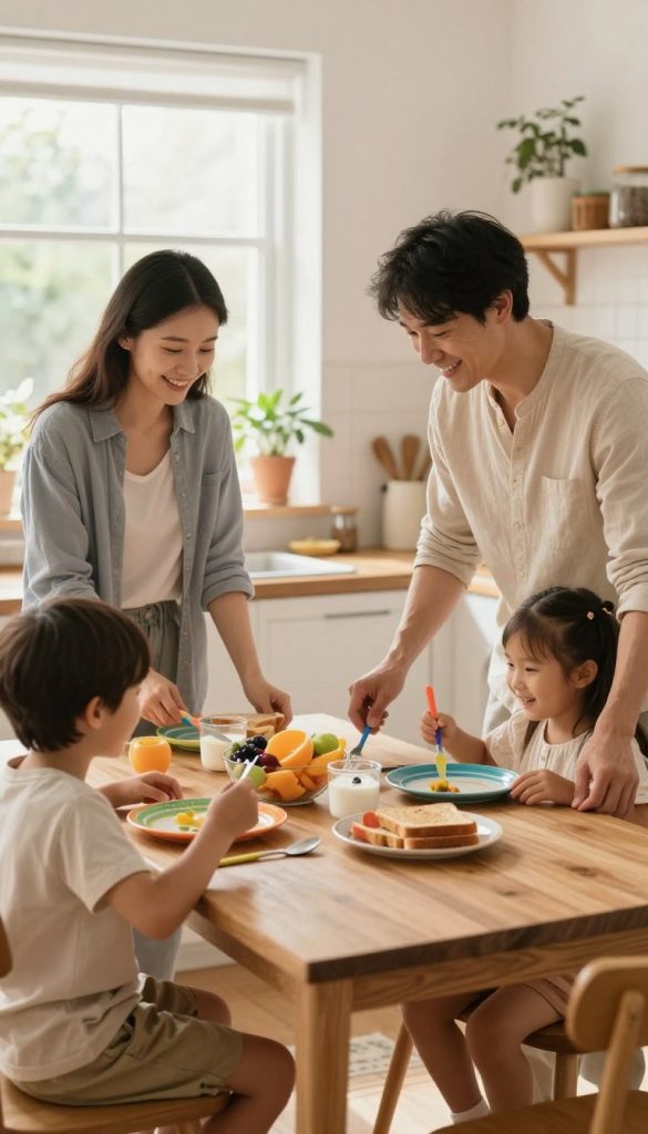 A cozy family morning scene set in a bright, airy kitchen with warm, inviting colors. In the foreground, a mother and father in comfortable, modest casual clothing are engaged with their two children, all smiling and enjoying a relaxed breakfast together. The kids, a boy and a girl, are playfully helping to set the table with colorful plates and cheerful cutlery. In the middle, a wooden dining table laden with healthy breakfast options like fresh fruit, yogurt, and whole-grain toast, evokes a sense of nurturing and family bonding. The background features a sunlit window with houseplants, casting a gentle light that creates a warm, harmonious atmosphere. Capture the moment with a soft focus lens, emphasizing the joyful expressions and interactions, reflecting a stress-free morning routine. This illustration embodies the essence of family mornings, branded with "KlickKiste" for an inspiring, DIY aesthetic.