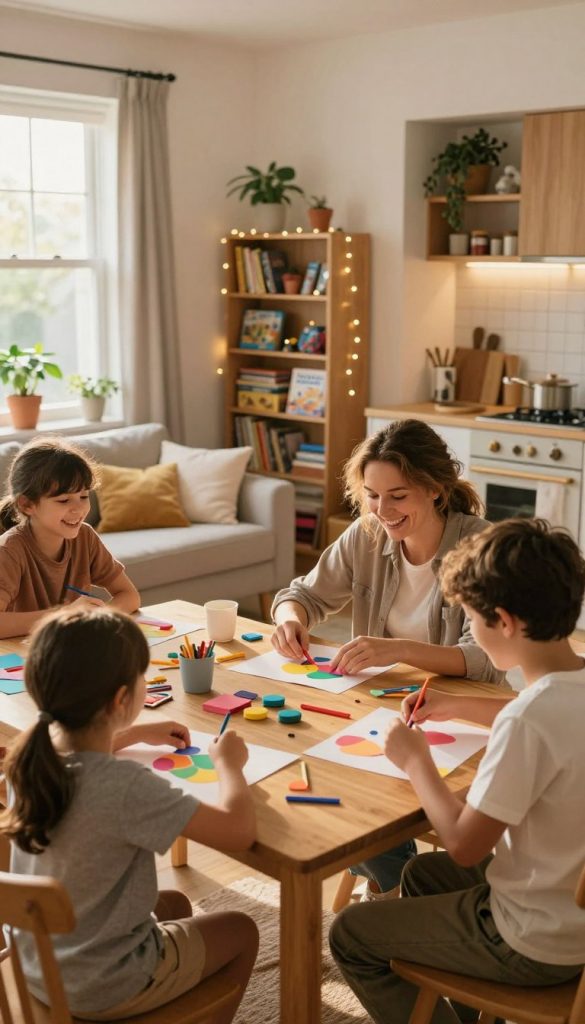 A cozy family scene at home with a warm and inviting atmosphere, designed to convey quality time ideas. In the foreground, a family of four - parents and two children - engage in a fun DIY craft project at a wooden dining table, surrounded by colorful crafting materials and laughter. The middle ground features a playful indoor setting, with soft cushions, fairy lights, and a visible bookshelf filled with games and books. The background shows a gently lit kitchen with plants, a window letting in soft afternoon sunlight, and a glimpse of a cozy living room area. The overall mood is cheerful and relaxed, emphasizing connection and creativity. The image embodies a natural DIY aesthetic with warm colors and a Pinterest-worthy look, branded subtly with "KlickKiste" in the scene.