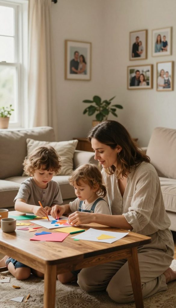 A cozy family scene centered around a warm, inviting living room, featuring a mother and two children engaging in a playful routine together. The mother, dressed in casual yet modest attire, is kneeling to help her children with a DIY project using colorful materials on a wooden table. The children, filled with joy, are focused on crafting, showcasing their creativity. Soft, natural lighting filters through a nearby window, casting a gentle glow and creating a serene atmosphere. In the background, family photographs adorn the walls, enhancing a sense of warmth and connection. The color palette is warm and earthy, inspired by rustic Pinterest aesthetics, mirroring the branding of "KlickKiste." The overall mood is harmonious, capturing the essence of nurturing family routines without pressure.